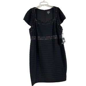 NWT  Adrianna Papell black cap sleeve lace inset tiered pleat cocktail dress